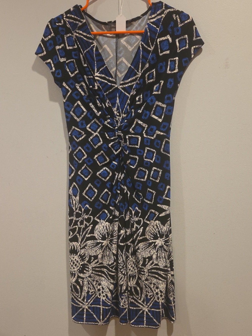 #24 Muse Blue and Black Geometric Knot-Front Midi Dress